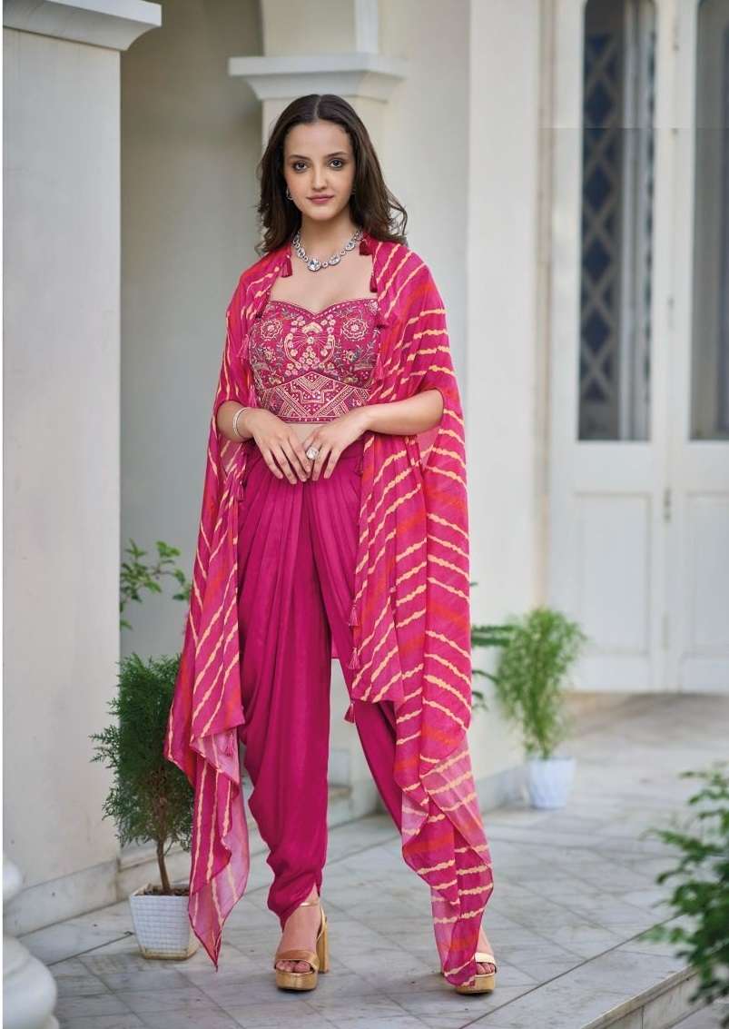 DESIGNER FANCY WEDDING PARTY WEAR RANI PINK SATIN SILK JACKET DHOTI SALWAR SUIT EB LIANA 1137