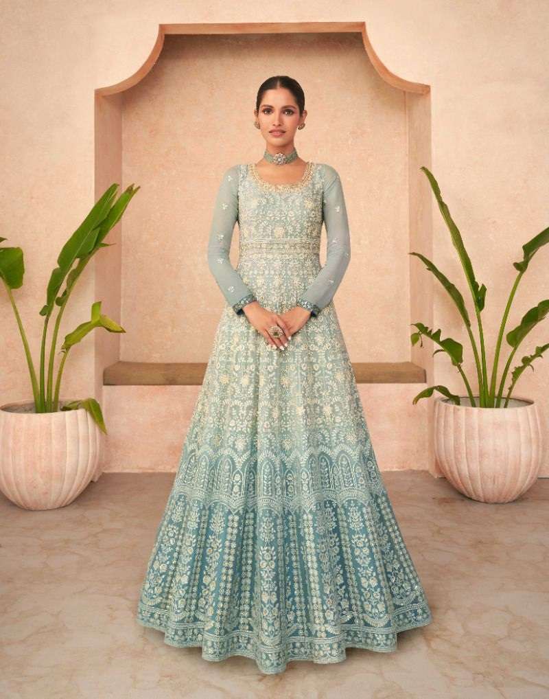 DESIGNER FANCY WEDDING PARTY WEAR SKY BLUE REAL GEORGETTE SALWAR SUIT AND GOWN ANARKALI MARIYAH 5238