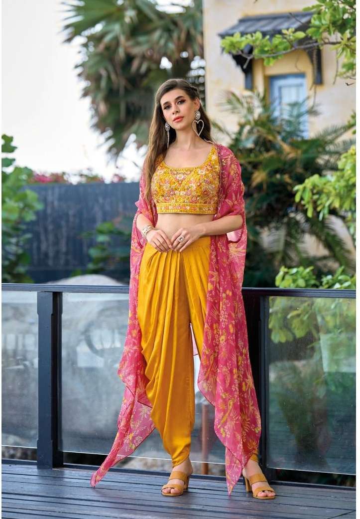 DESIGNER FANCY WEDDING PARTY WEAR YELLOW SATIN SILK JACKET DHOTI SALWAR SUIT EB LIANA 1134