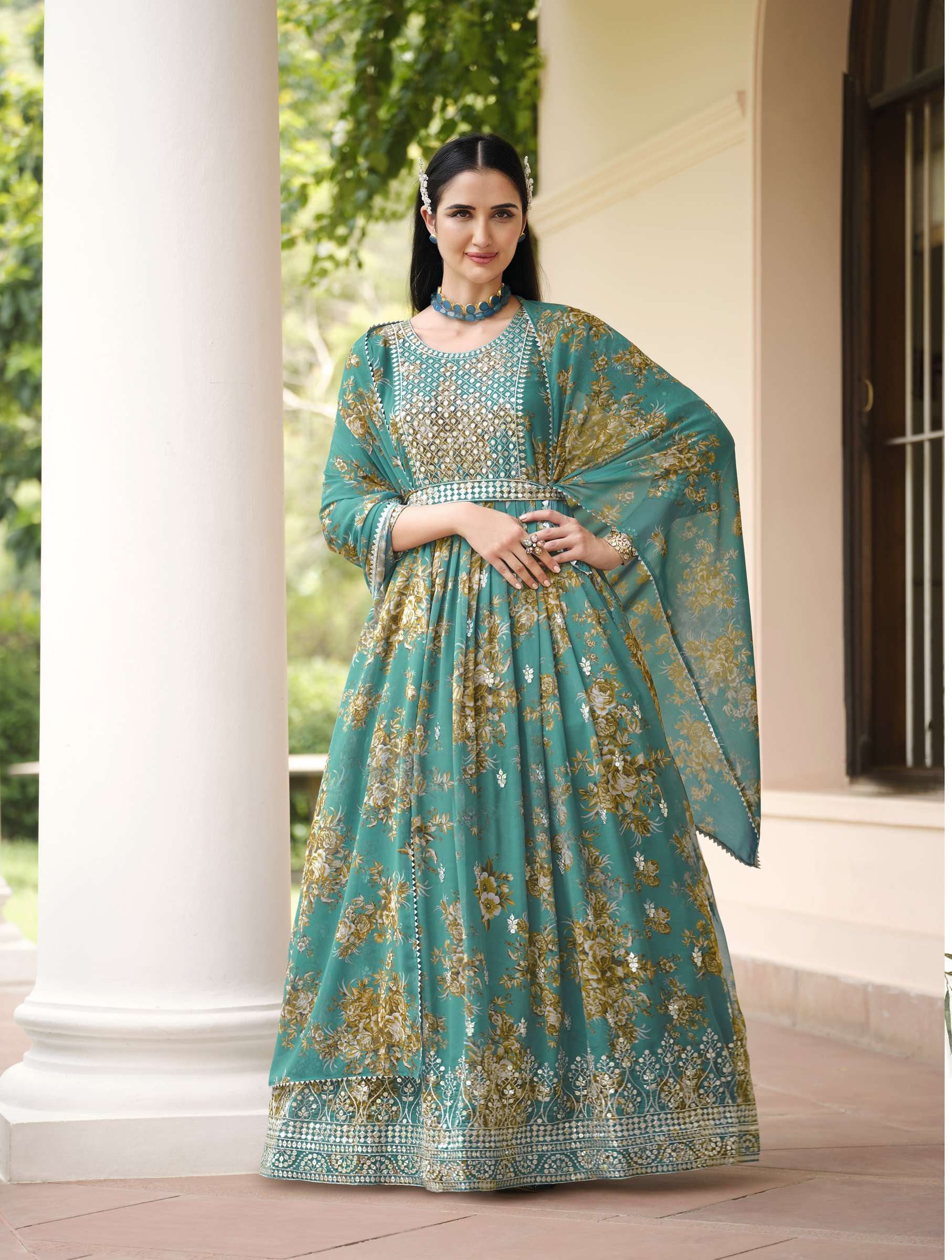 DESIGNER GREEN REAL GEORGETTE PRINTED ANARKALI SALWAR SUIT GOWN WITH GEORGETTE DUPATTA SENHORA KESHA 3003