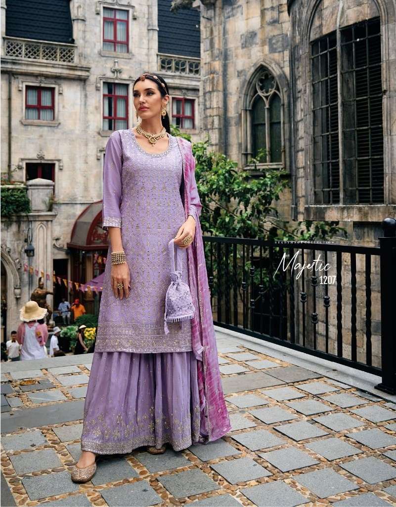 DESIGNER LAVENDER READYMADE FANCY PARTY WEAR SHARAA STYLE SALWAR SUIT IN CHINON FABRIC ZC MAJESTICK 1207