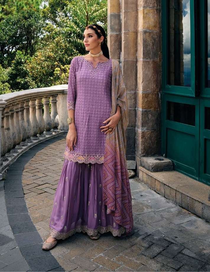 DESIGNER PURPLE READYMADE FANCY PARTY WEAR SHARAA STYLE SALWAR SUIT IN CHINON FABRIC ZC MAJESTICK 1209