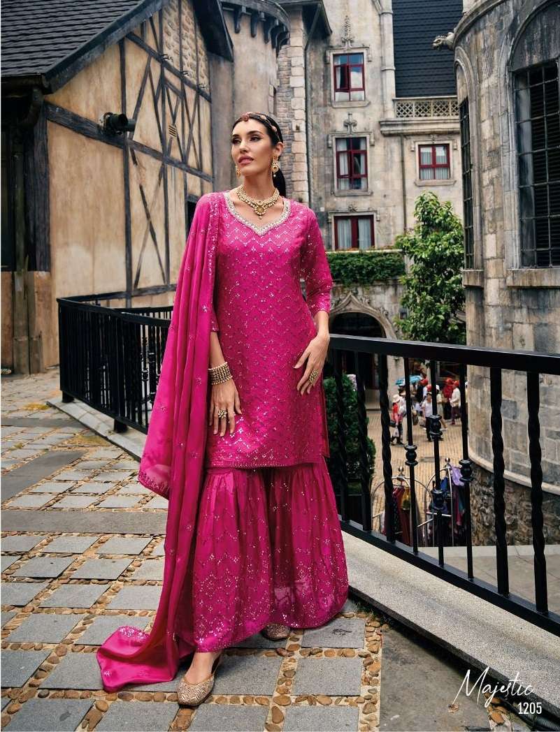 DESIGNER RANI PINK READYMADE FANCY PARTY WEAR SHARAA STYLE SALWAR SUIT IN CHINON FABRIC ZC MAJESTICK 1205