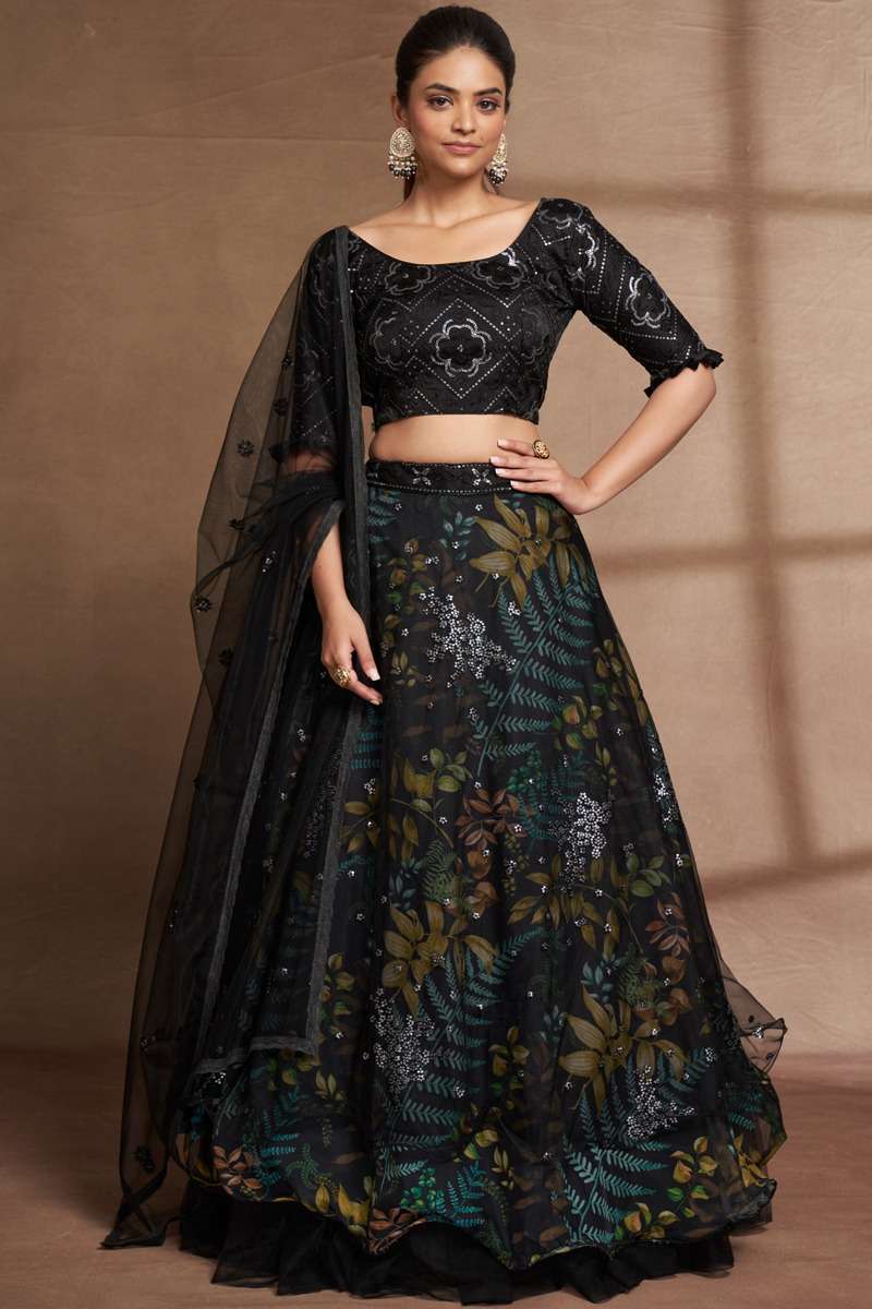 DESIGNER TRENDY STYLISH FANCY PARTY WEAR BLACK ORGANZA SILK LEHENGA CHOLI AHVAAN GULKARIYA 6702