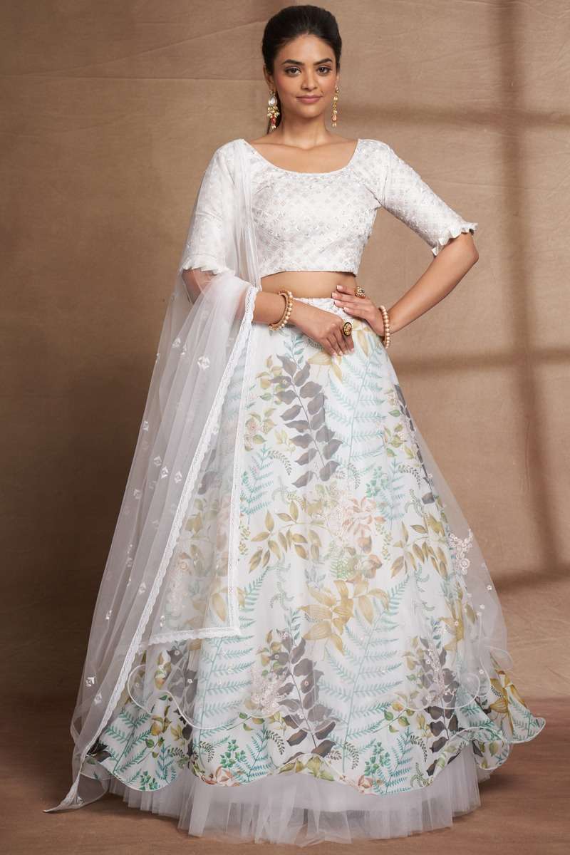 DESIGNER TRENDY STYLISH FANCY PARTY WEAR WHITE ORGANZA SILK LEHENGA CHOLI AHVAAN GULKARIYA 6701