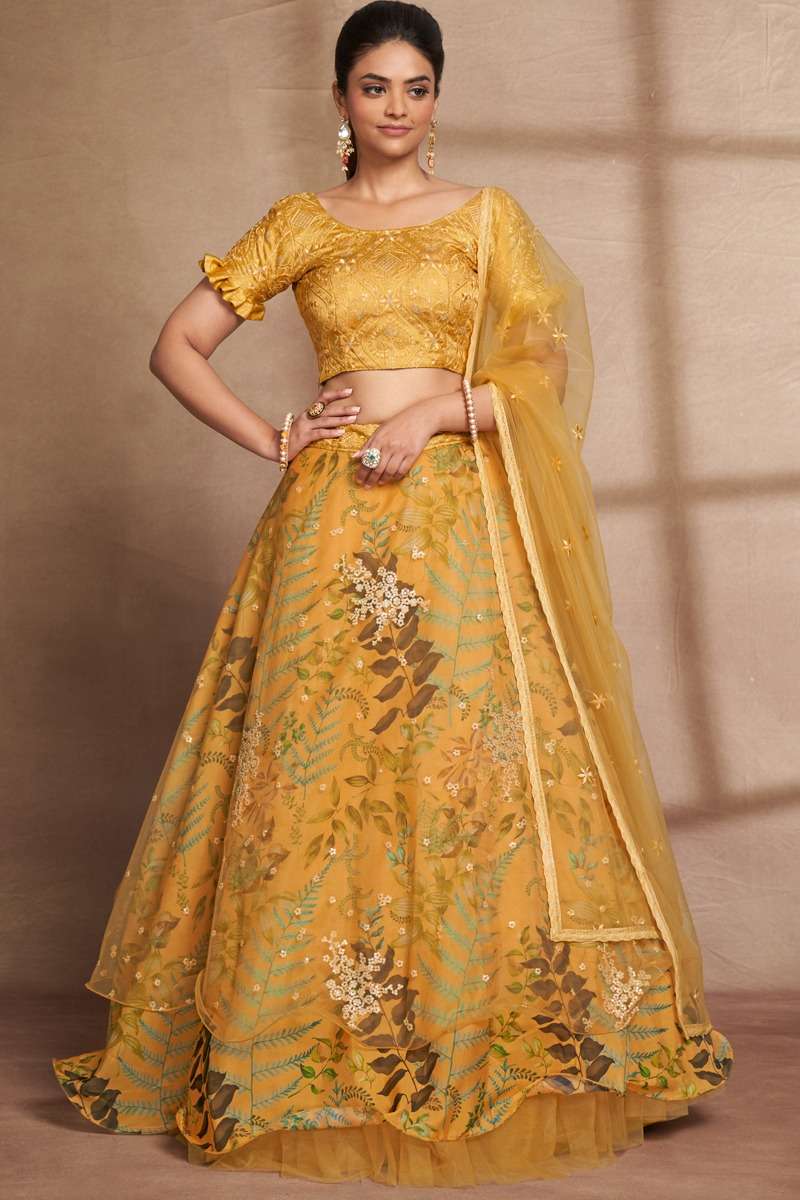 DESIGNER TRENDY STYLISH FANCY PARTY WEAR YELLOW ORGANZA SILK LEHENGA CHOLI AHVAAN GULKARIYA 6705