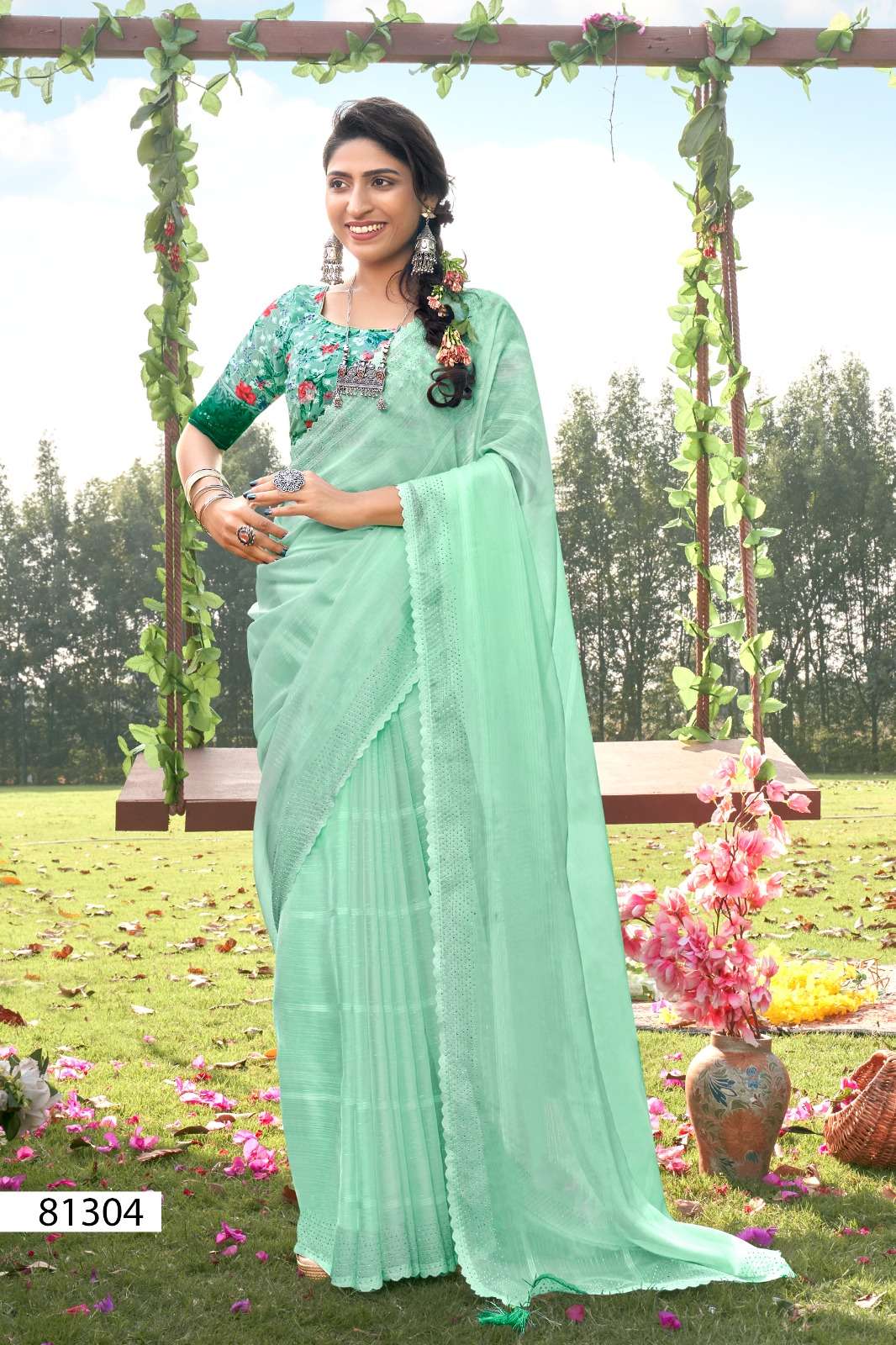 DESIGNER WEDDING PARTY FUNCTION WEAR FANCY FABRIC GREEN SAREE COLLECTION RW SM MATWALI 81304