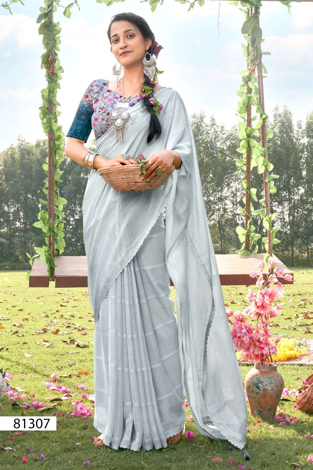 DESIGNER WEDDING PARTY FUNCTION WEAR FANCY FABRIC GREY SAREE COLLECTION RW SM MATWALI 81307