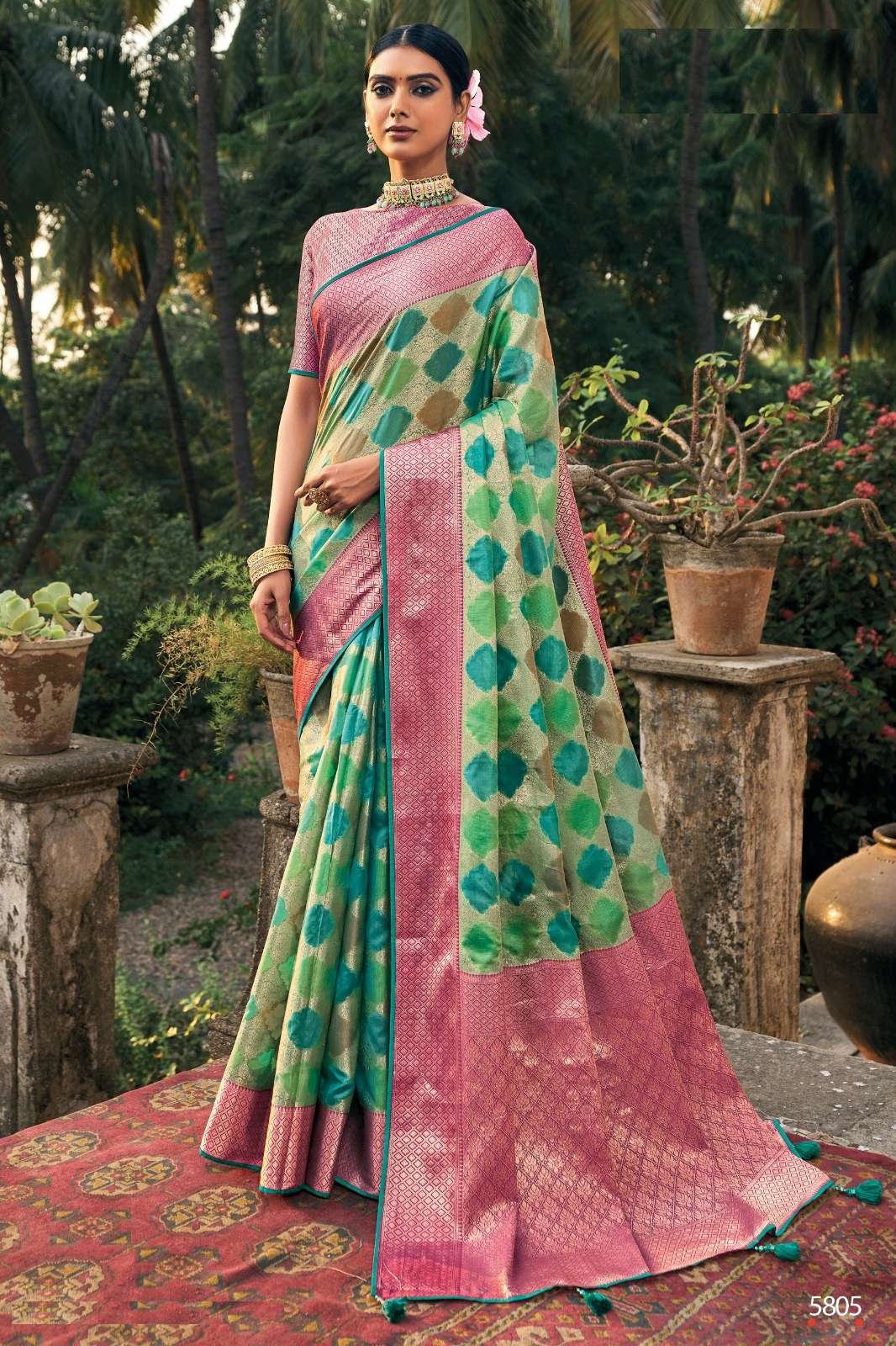 DESIGNER WEDDING PARTY FUNCTION WEAR GREEN HEAVY SILK SAREE COLLECTION TATHSTU ANR SM RANGREJ 5805