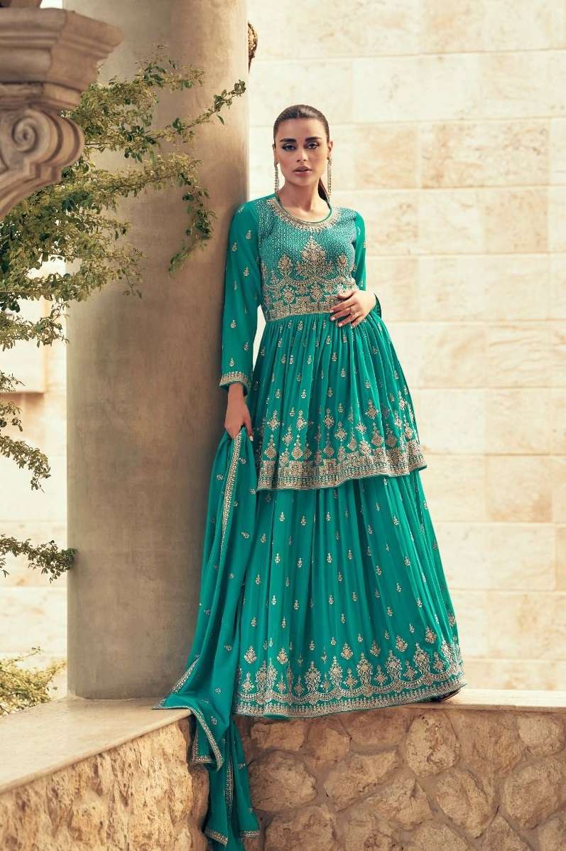 DESIGNER WEDDING PARTY WEAR BLUE GREEN REAL GEORGETTE TOP SKIRT FANCY SALWAR SUIT AF SADAF 9647