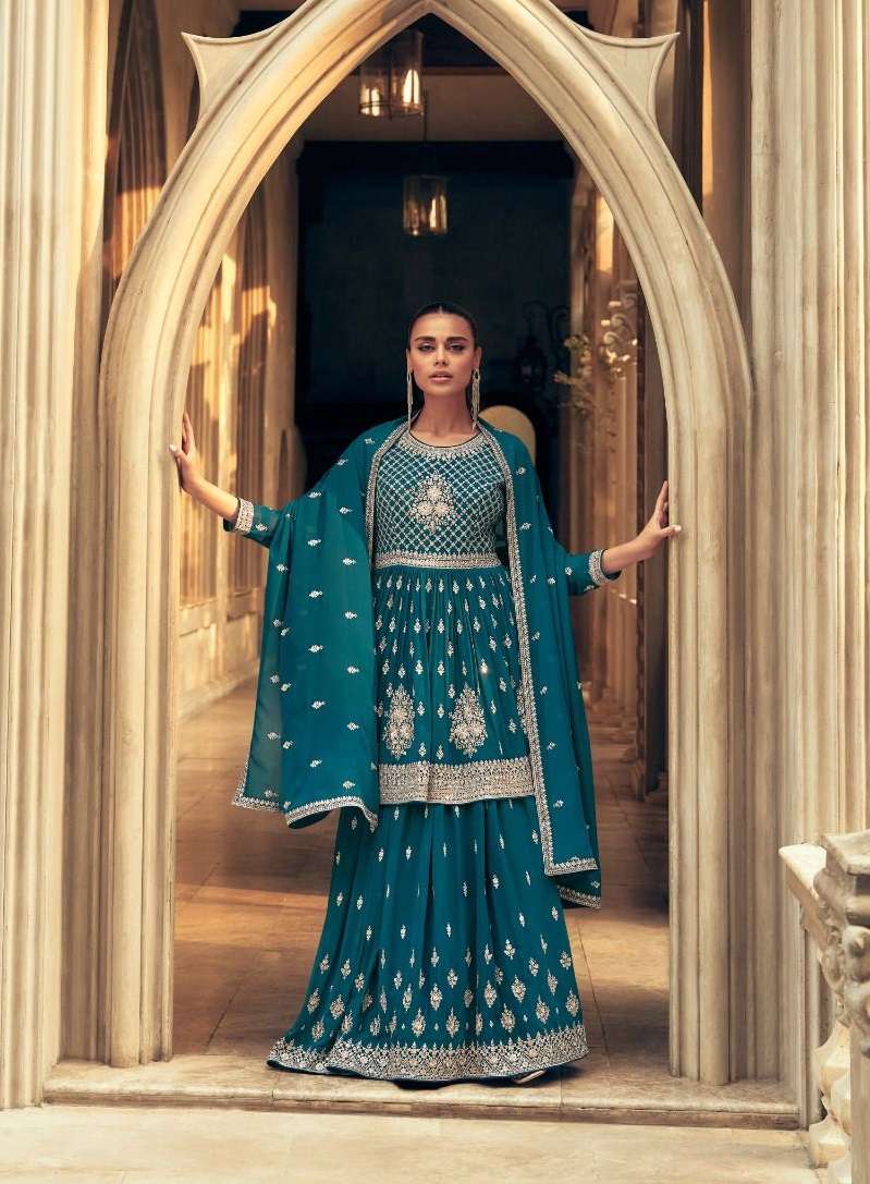 DESIGNER WEDDING PARTY WEAR BLUE REAL GEORGETTE TOP SKIRT FANCY SALWAR SUIT AF SADAF 9649