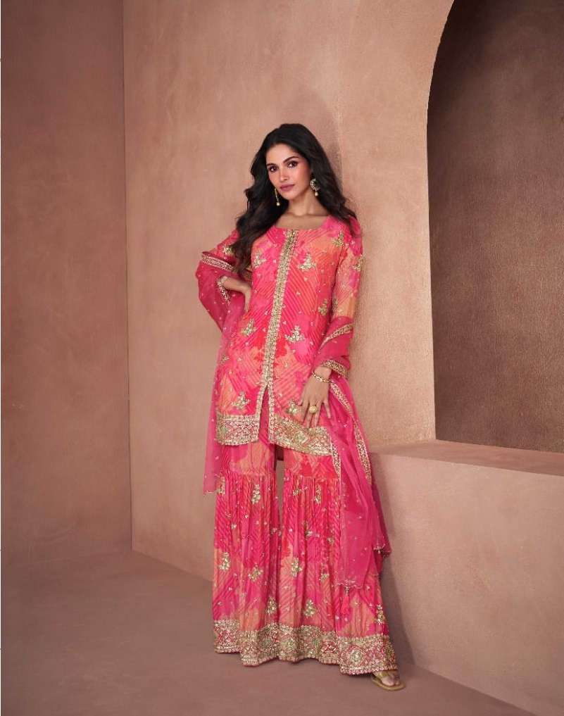 DESIGNER WEDDING PARTY WEAR REAL GEORGETTE PINK FANCY SALWAR SUIT SY LOTUS 5297