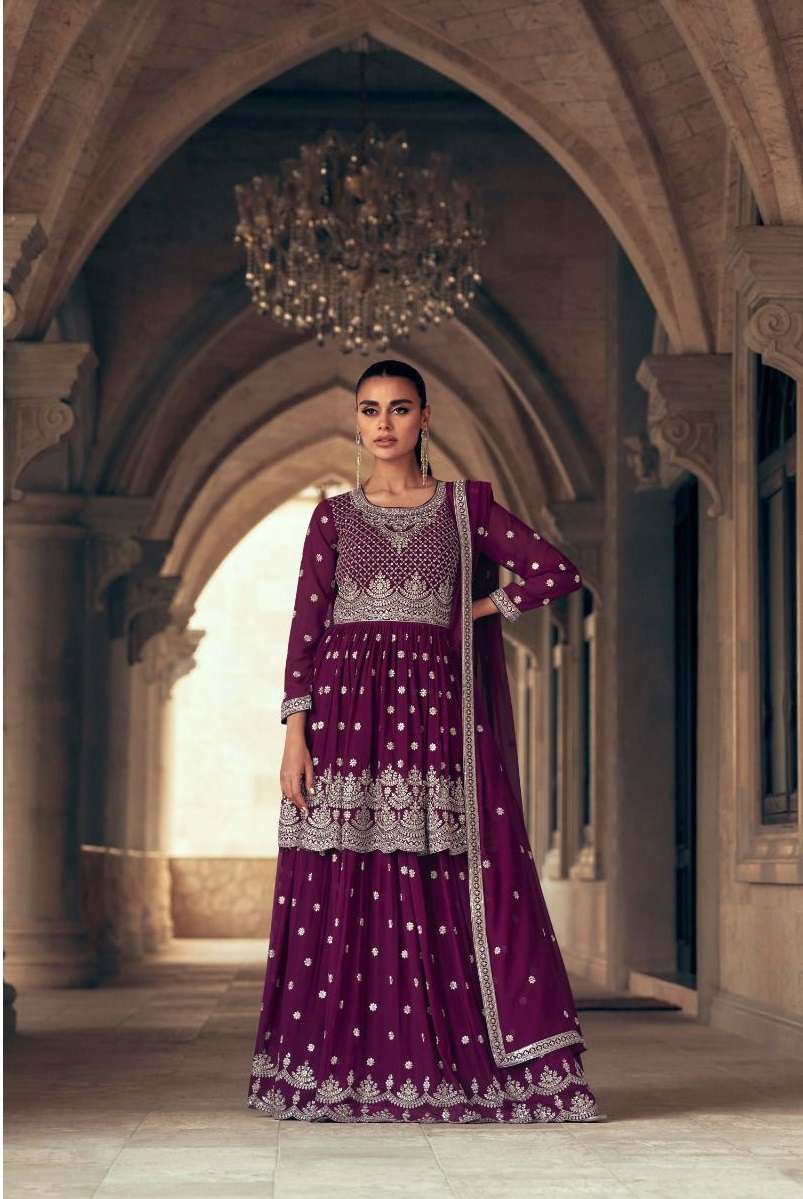 DESIGNER WEDDING PARTY WEAR REAL GEORGETTE WINE TOP SKIRT FANCY SALWAR SUIT AF SADAF 9645