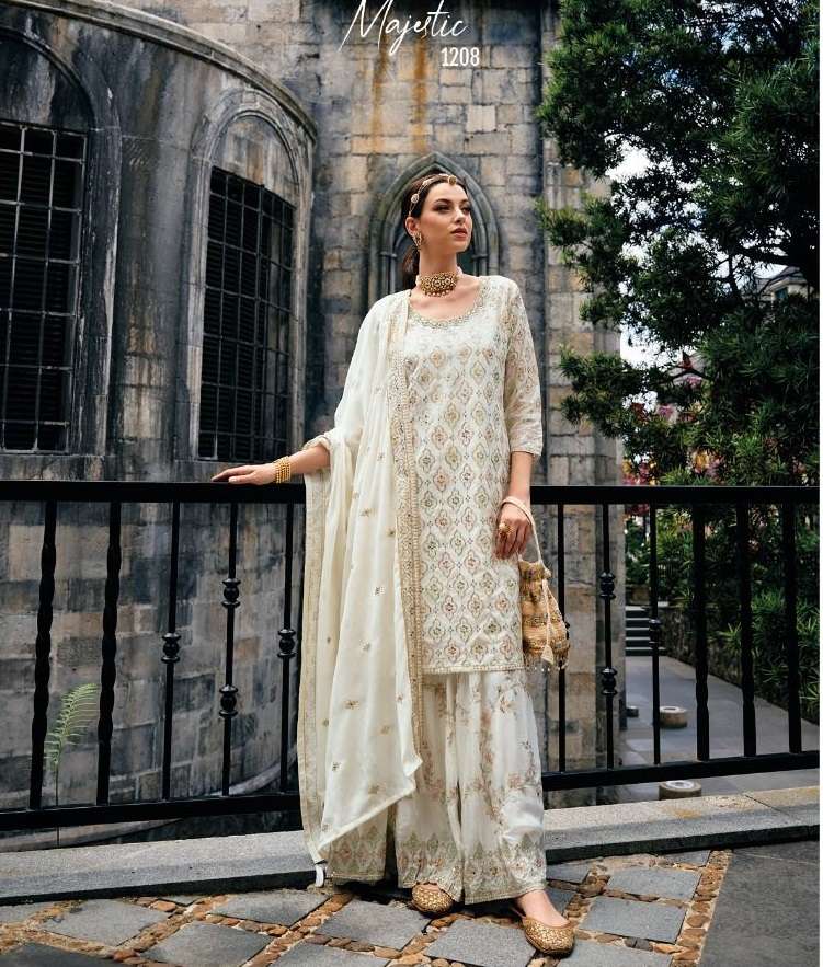 DESIGNER WHITE READYMADE FANCY PARTY WEAR SHARAA STYLE SALWAR SUIT IN CHINON FABRIC ZC MAJESTICK 1208