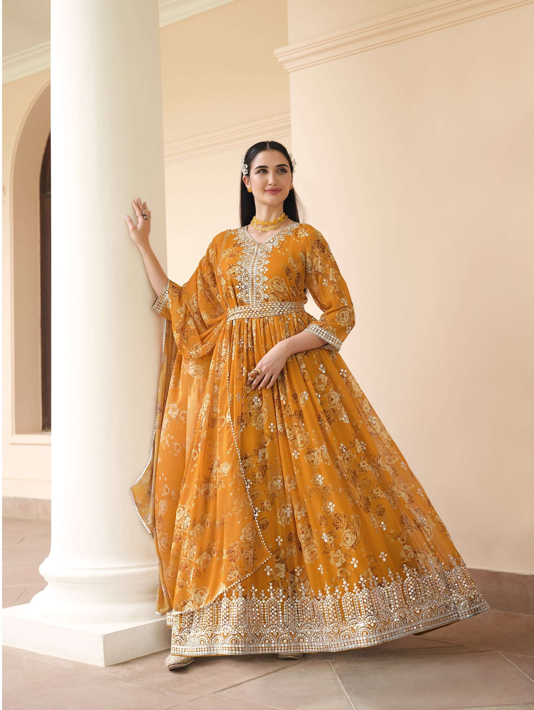 DESIGNER YELLOW REAL GEORGETTE PRINTED ANARKALI SALWAR SUIT GOWN WITH GEORGETTE DUPATTA SENHORA KESHA 3002