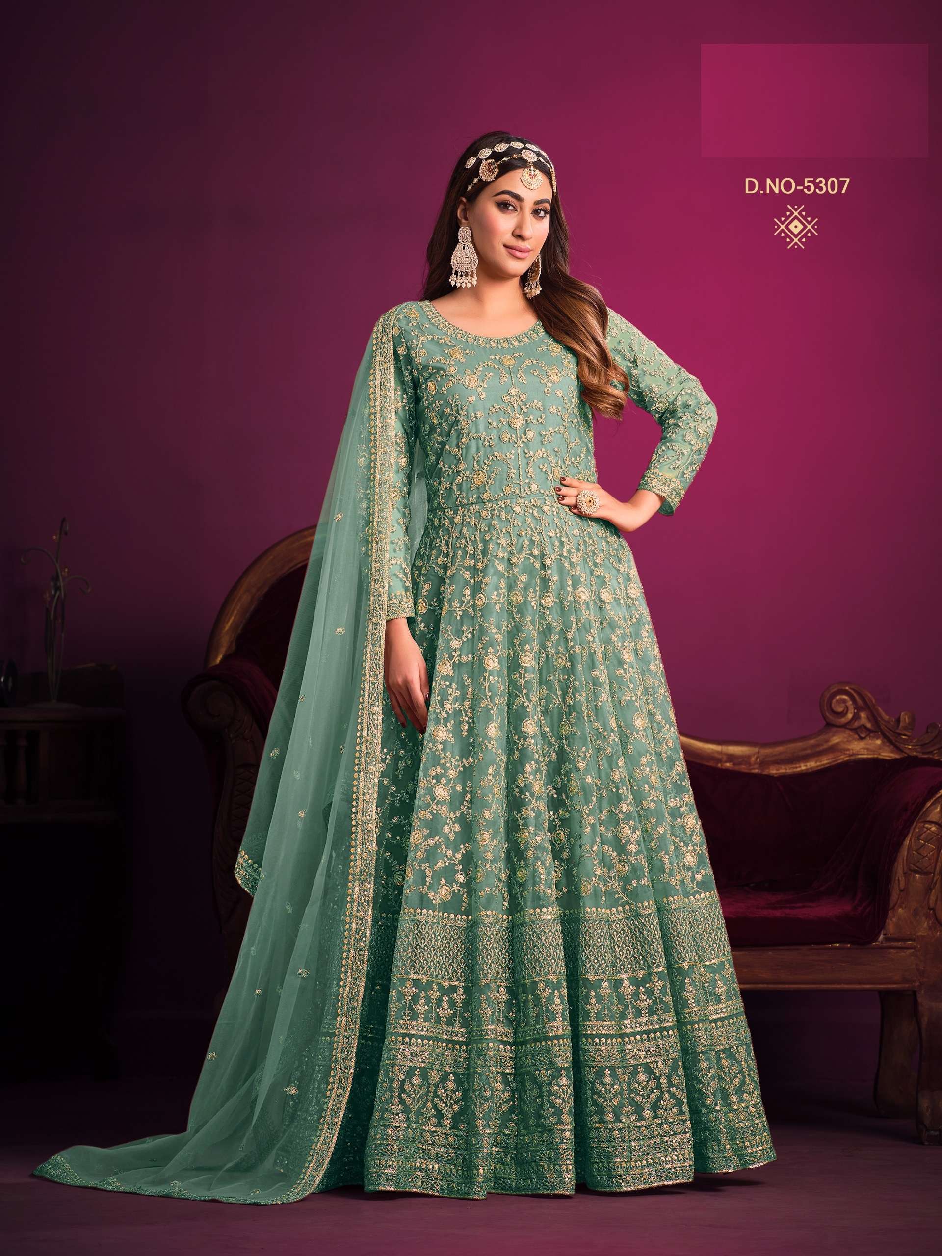 GREEN DESIGNER ANARKALI PARTY WEAR SALWAR SUIT LONG GOWN IN PREMIUM BUTTERFLY NET ANAYA-5307