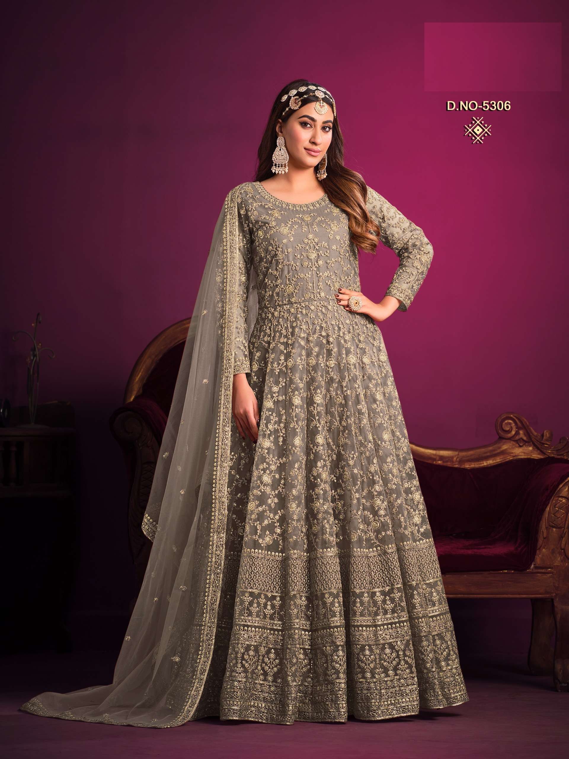 GRY DESIGNER ANARKALI PARTY WEAR SALWAR SUIT LONG GOWN IN PREMIUM BUTTERFLY NET ANAYA-5306