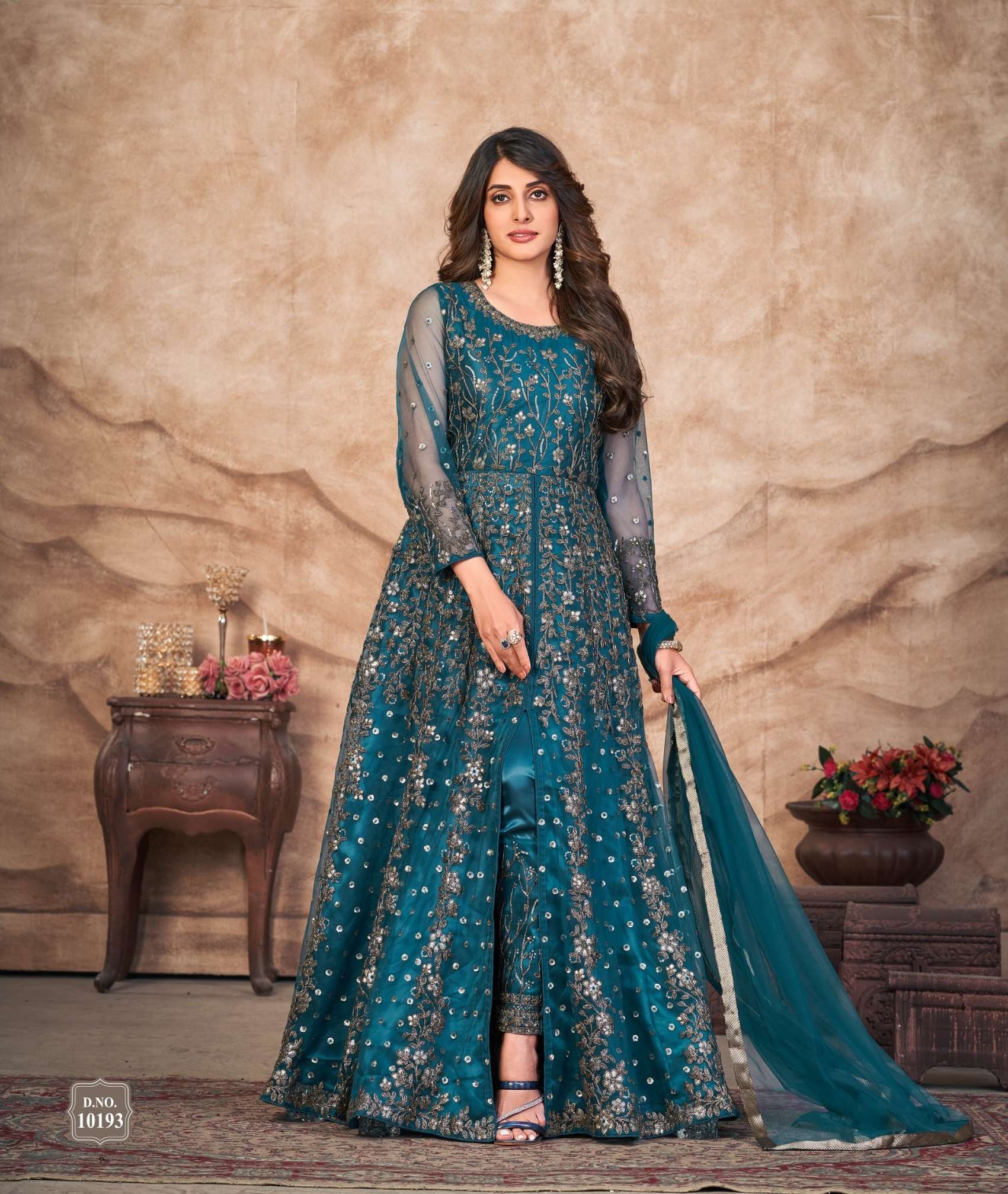 LATEST 2023 DESIGNER BLUE ANARKALI PARTY WEAR SALWAR SUIT LONG GOWN IN BUTTERFLY NET 10193