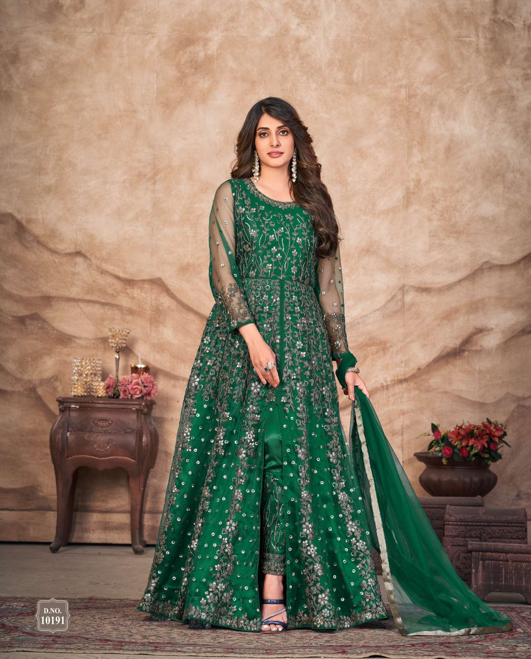 LATEST 2023 DESIGNER GREEN ANARKALI PARTY WEAR SALWAR SUIT LONG GOWN IN BUTTERFLY NET 10191