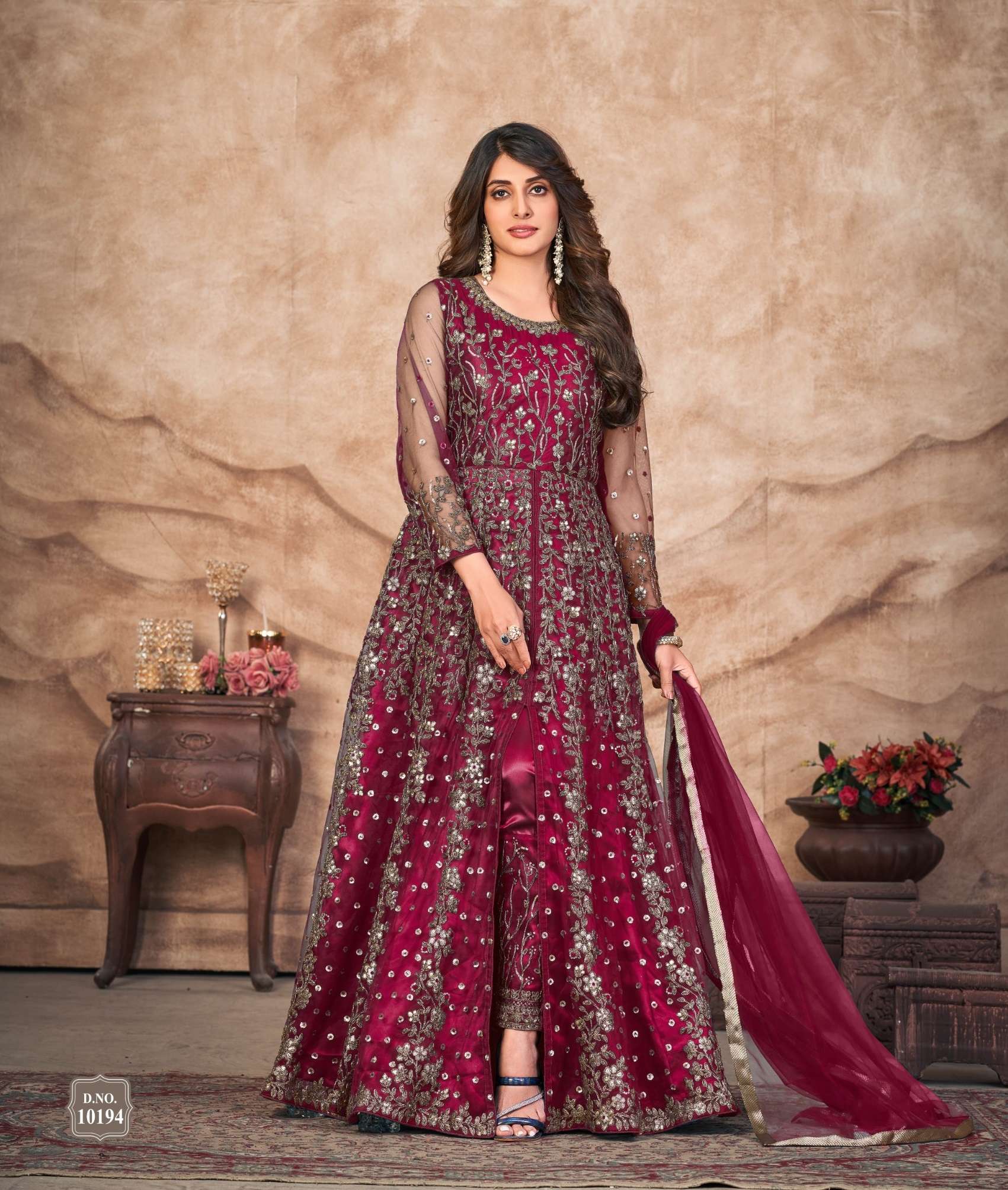 LATEST 2023 DESIGNER RED ANARKALI PARTY WEAR SALWAR SUIT LONG GOWN IN BUTTERFLY NET 10194