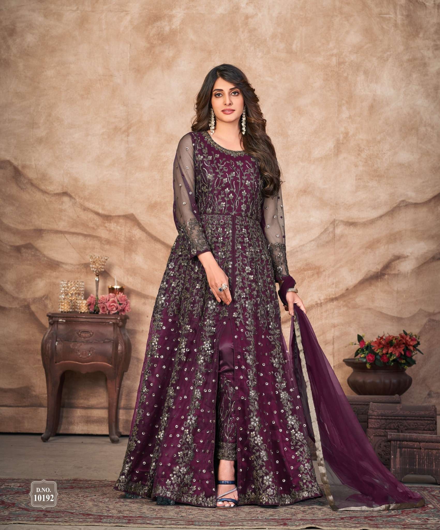 LATEST 2023 DESIGNER WINE ANARKALI PARTY WEAR SALWAR SUIT LONG GOWN IN BUTTERFLY NET 10192