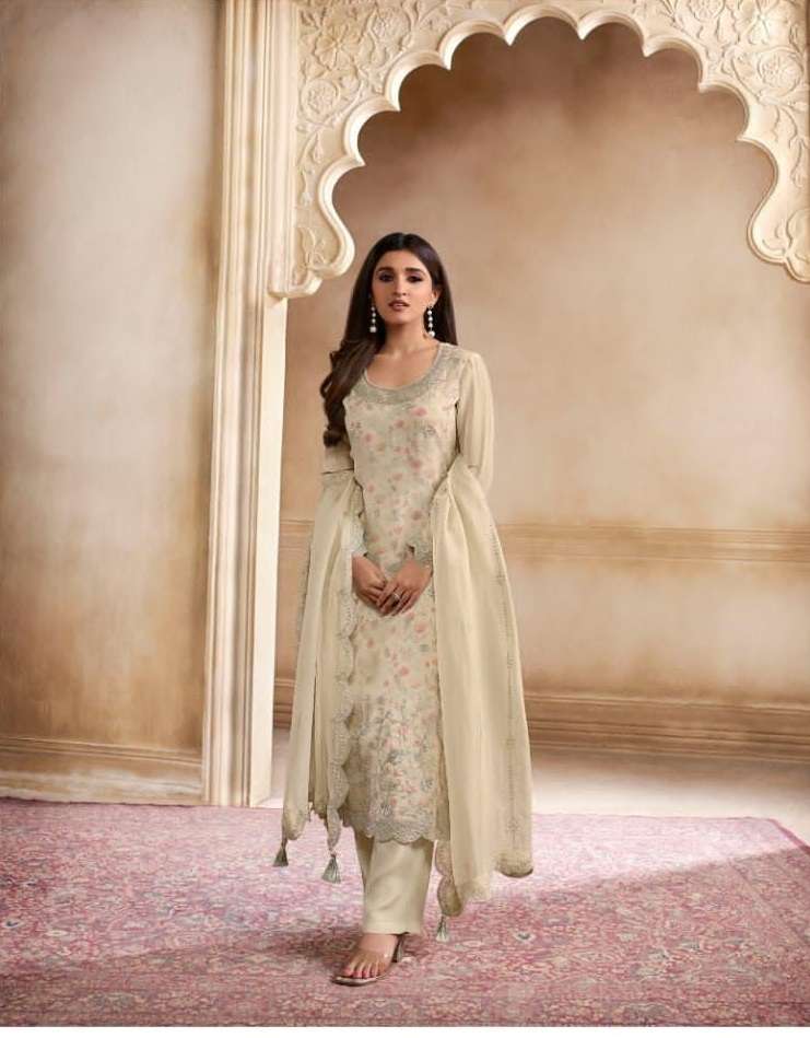 NEW DESIGNER FANCY PARTY WEAR BEIGE ORGANZA INDIAN PAKISATNI SALWAR SUIT DST VINAY PEARL 64502