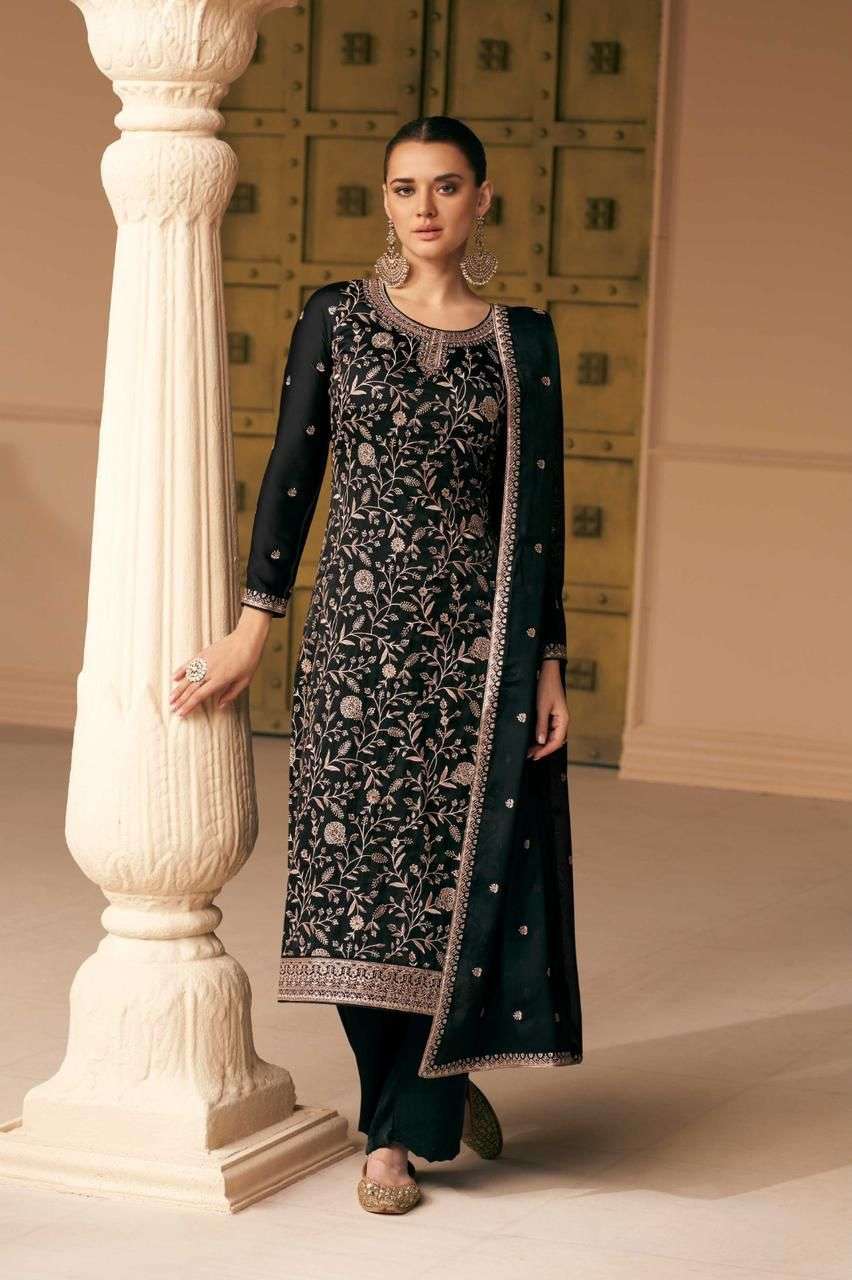 NEW DESIGNER FANCY PARTY WEAR BLACK INDIAN STRAIGHT SALWAR SUIT IN PREMIUM SILK AF VARINA 9697