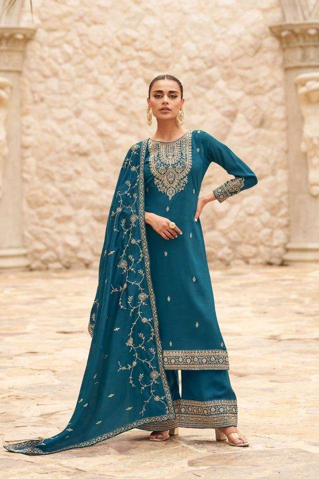 NEW DESIGNER FANCY PARTY WEAR BLUE INDIAN STRAIGHT SALWAR SUIT IN PREMIUM SILK AF OGAAN 9688