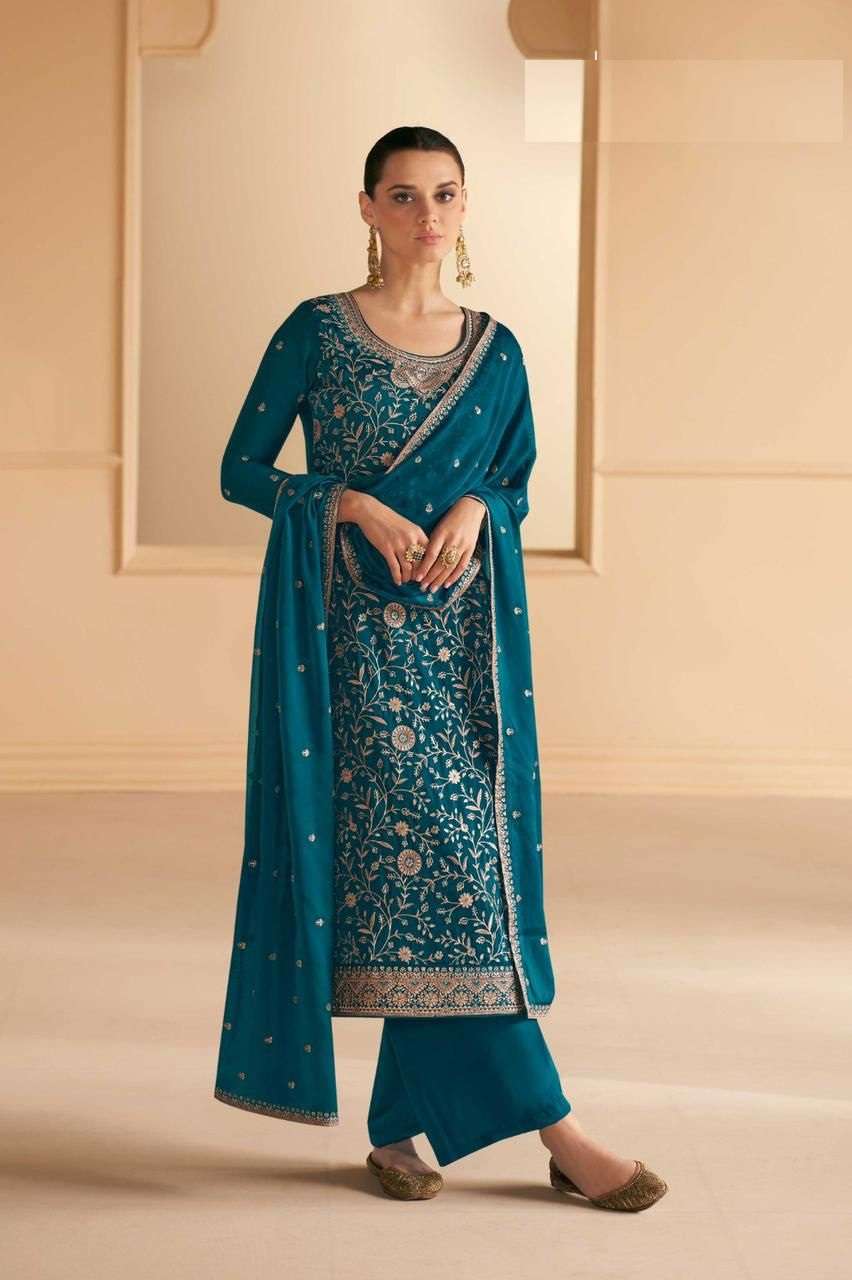 NEW DESIGNER FANCY PARTY WEAR BLUE INDIAN STRAIGHT SALWAR SUIT IN PREMIUM SILK AF VARINA 9698