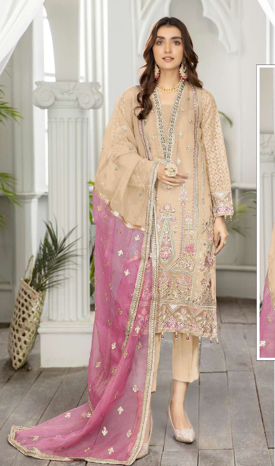 NEW DESIGNER FANCY PARTY WEAR CHIKU ORGANZA INDIAN PAKISATNI SALWAR SUIT JG 12786B