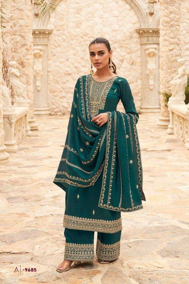 NEW DESIGNER FANCY PARTY WEAR GREEN INDIAN STRAIGHT SALWAR SUIT IN PREMIUM SILK AF OGAAN 9685