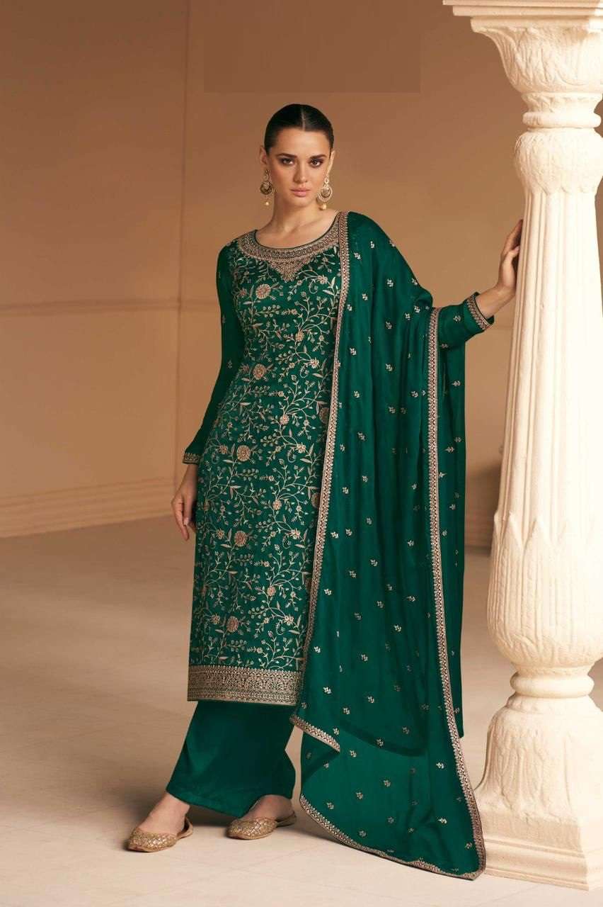 NEW DESIGNER FANCY PARTY WEAR GREEN INDIAN STRAIGHT SALWAR SUIT IN PREMIUM SILK AF VARINA 9696