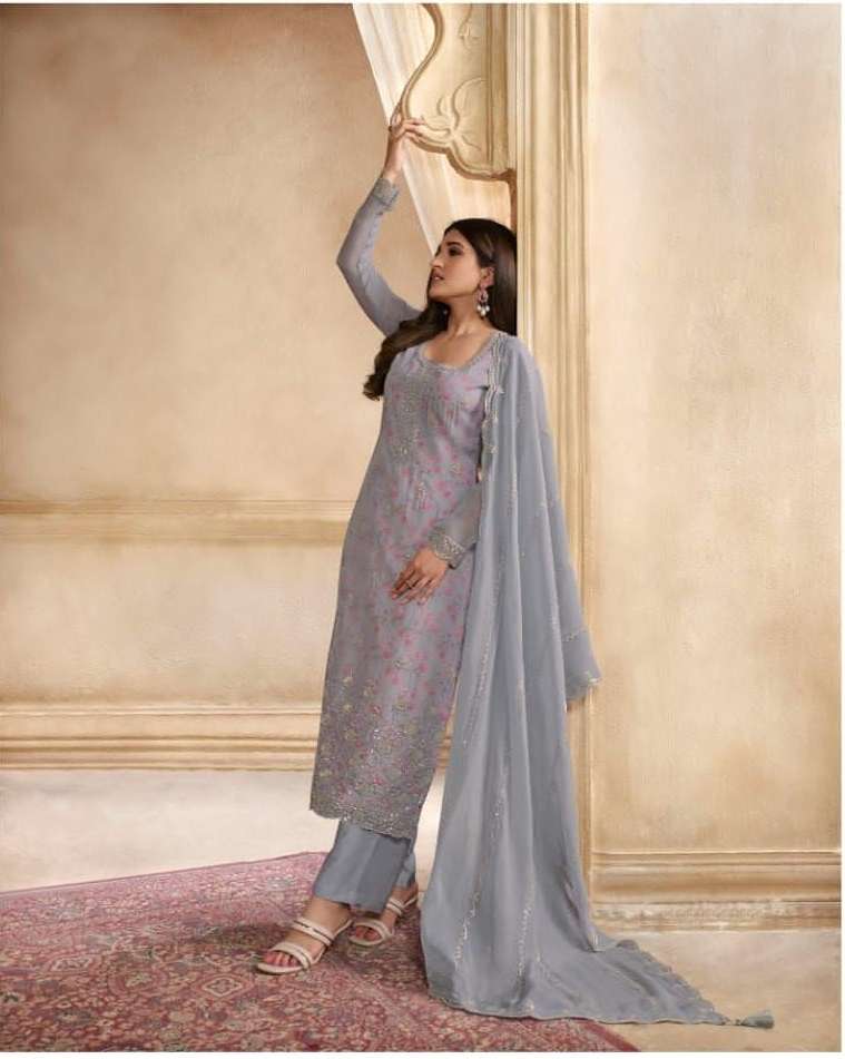 NEW DESIGNER FANCY PARTY WEAR GREY ORGANZA INDIAN PAKISATNI SALWAR SUIT DST VINAY PEARL 64504