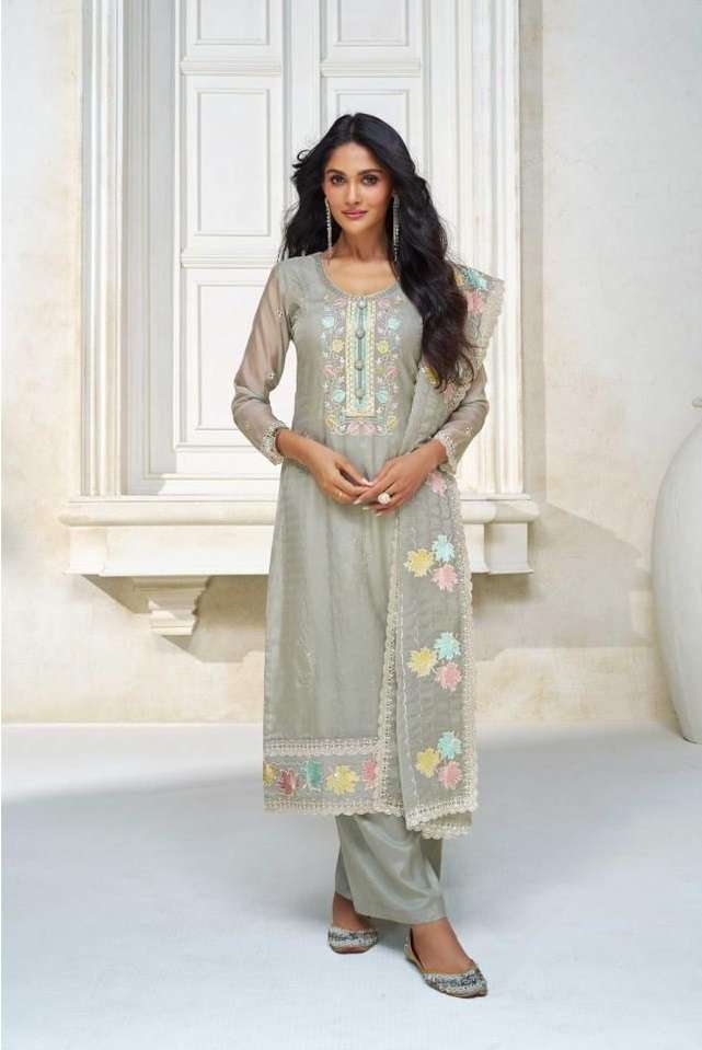 NEW DESIGNER FANCY PARTY WEAR INDIAN PAKISATNI GREY SALWAR SUIT IN ORGANZA AF PESTAL 9756