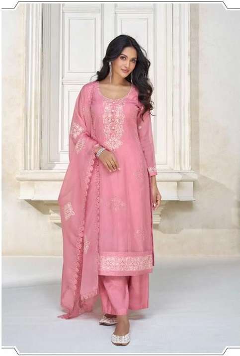 NEW DESIGNER FANCY PARTY WEAR INDIAN PAKISATNI PINK SALWAR SUIT IN ORGANZA AF PESTAL 9755