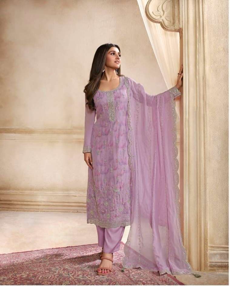 NEW DESIGNER FANCY PARTY WEAR LAVENDER ORGANZA INDIAN PAKISATNI SALWAR SUIT DST VINAY PEARL 64508