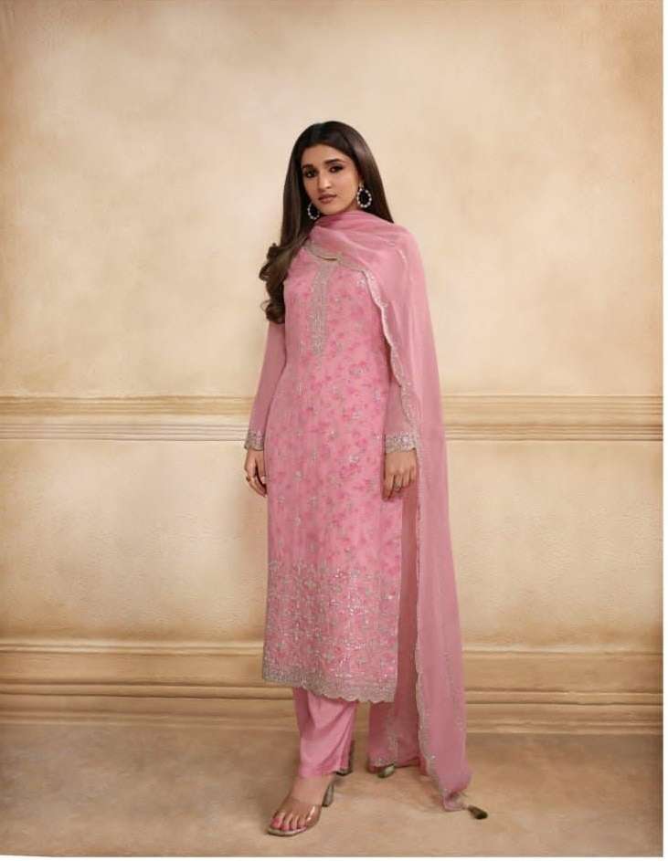 NEW DESIGNER FANCY PARTY WEAR PINK ORGANZA INDIAN PAKISATNI SALWAR SUIT DST VINAY PEARL 64501