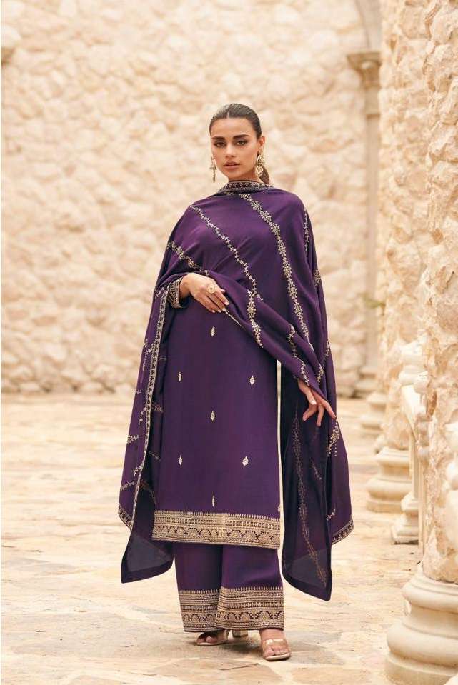 NEW DESIGNER FANCY PARTY WEAR PURPLE INDIAN STRAIGHT SALWAR SUIT IN PREMIUM SILK AF OGAAN 9687