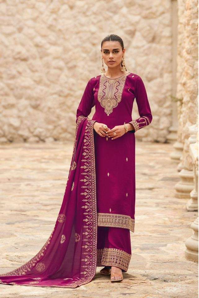 NEW DESIGNER FANCY PARTY WEAR RANI PINK INDIAN STRAIGHT SALWAR SUIT IN PREMIUM SILK AF OGAAN 9686