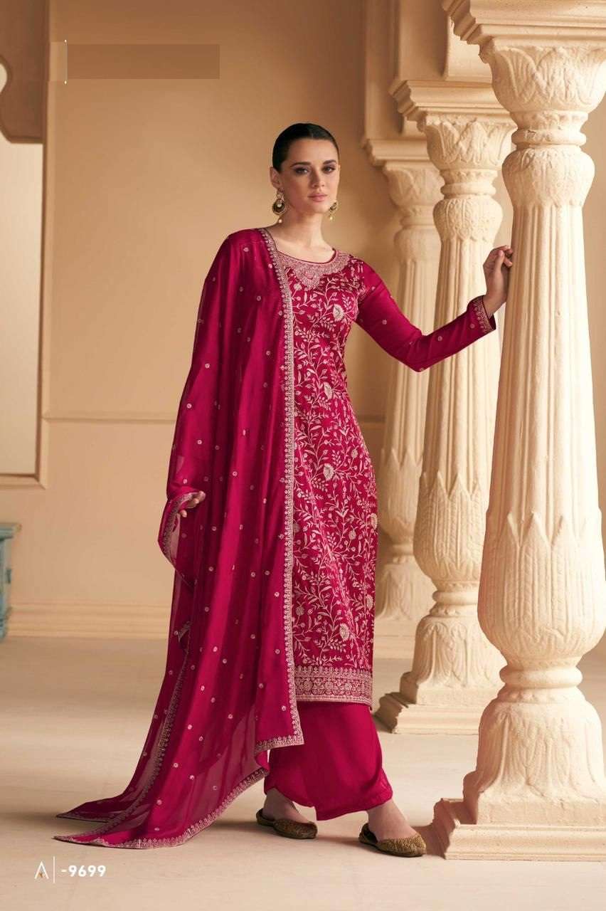 NEW DESIGNER FANCY PARTY WEAR RANI PINK INDIAN STRAIGHT SALWAR SUIT IN PREMIUM SILK AF VARINA 9699