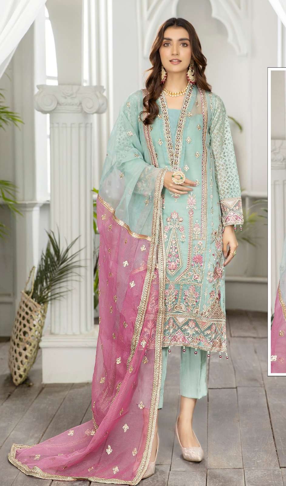 NEW DESIGNER FANCY PARTY WEAR SKY BLUE ORGANZA INDIAN PAKISATNI SALWAR SUIT JG 12786A