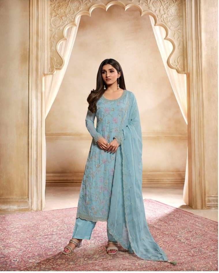 NEW DESIGNER FANCY PARTY WEAR SKY BLUE ORGANZA INDIAN PAKISATNI SALWAR SUIT DST VINAY PEARL 64503