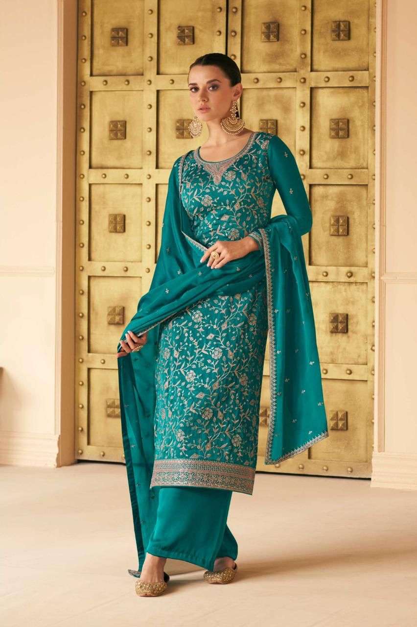 NEW DESIGNER FANCY PARTY WEAR TEAL BLUE INDIAN STRAIGHT SALWAR SUIT IN PREMIUM SILK AF VARINA 9700