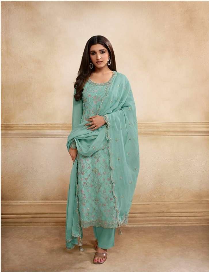 NEW DESIGNER FANCY PARTY WEAR TEAL GREEN ORGANZA INDIAN PAKISATNI SALWAR SUIT DST VINAY PEARL 64505