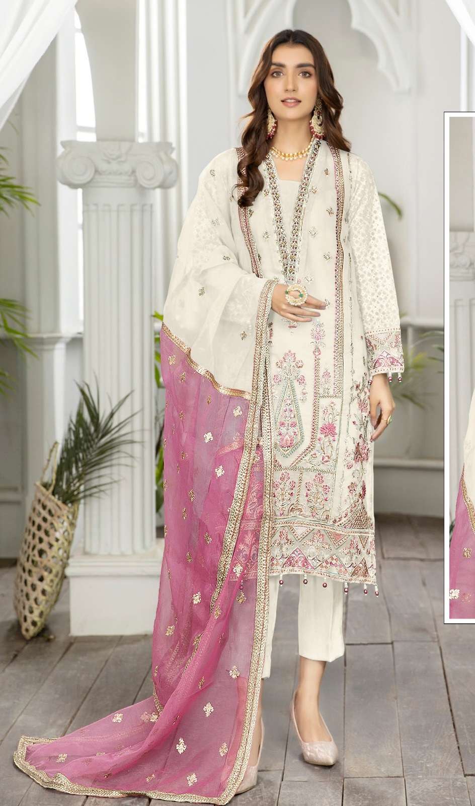 NEW DESIGNER FANCY PARTY WEAR WHITE ORGANZA INDIAN PAKISATNI SALWAR SUIT JG 12786D