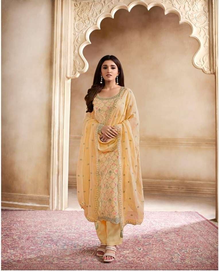 NEW DESIGNER FANCY PARTY WEAR YELLOW ORGANZA INDIAN PAKISATNI SALWAR SUIT DST VINAY PEARL 64507