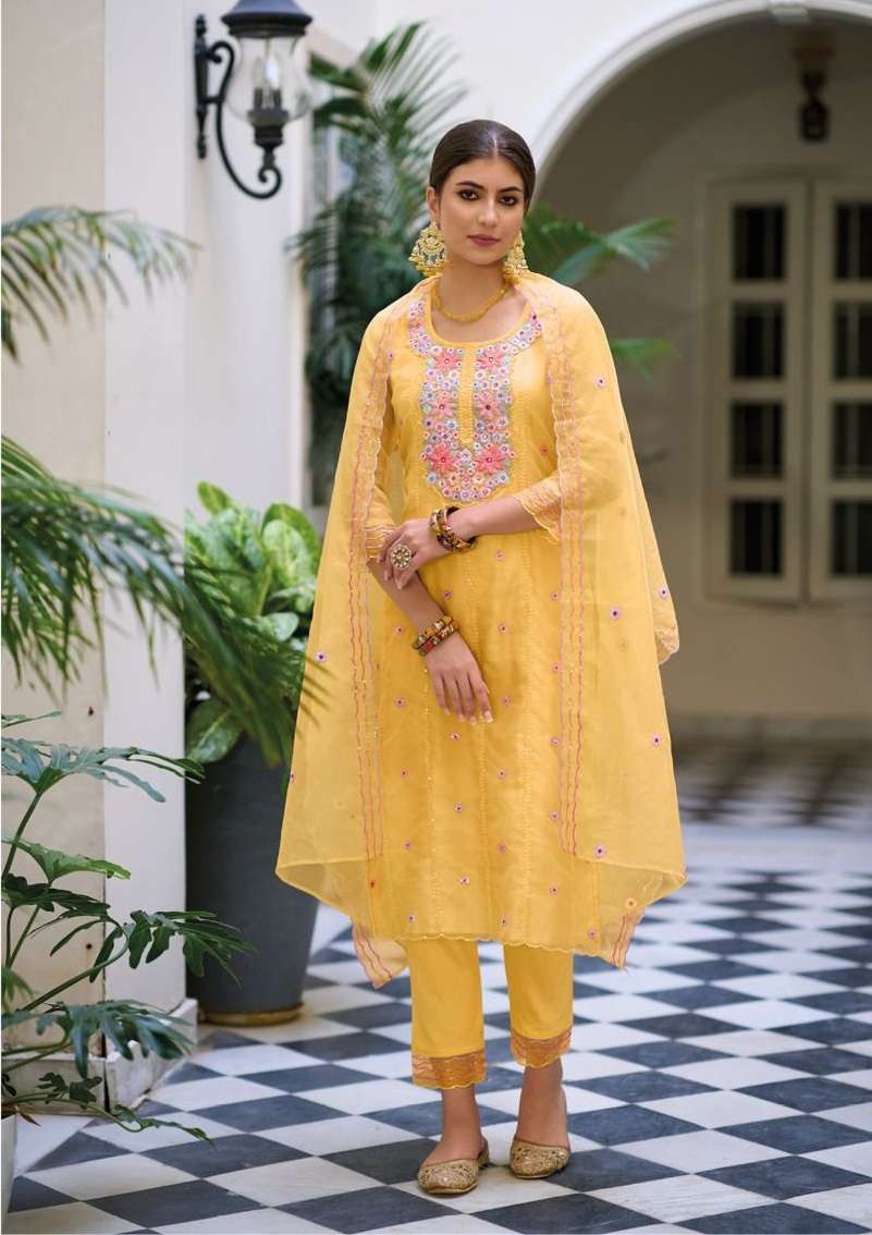 NEW DESIGNER FANCY PARTY WEAR YELLOW ORGANZA INDIAN PAKISATNI READYMADE SALWAR SUIT EB ELIZA 1178