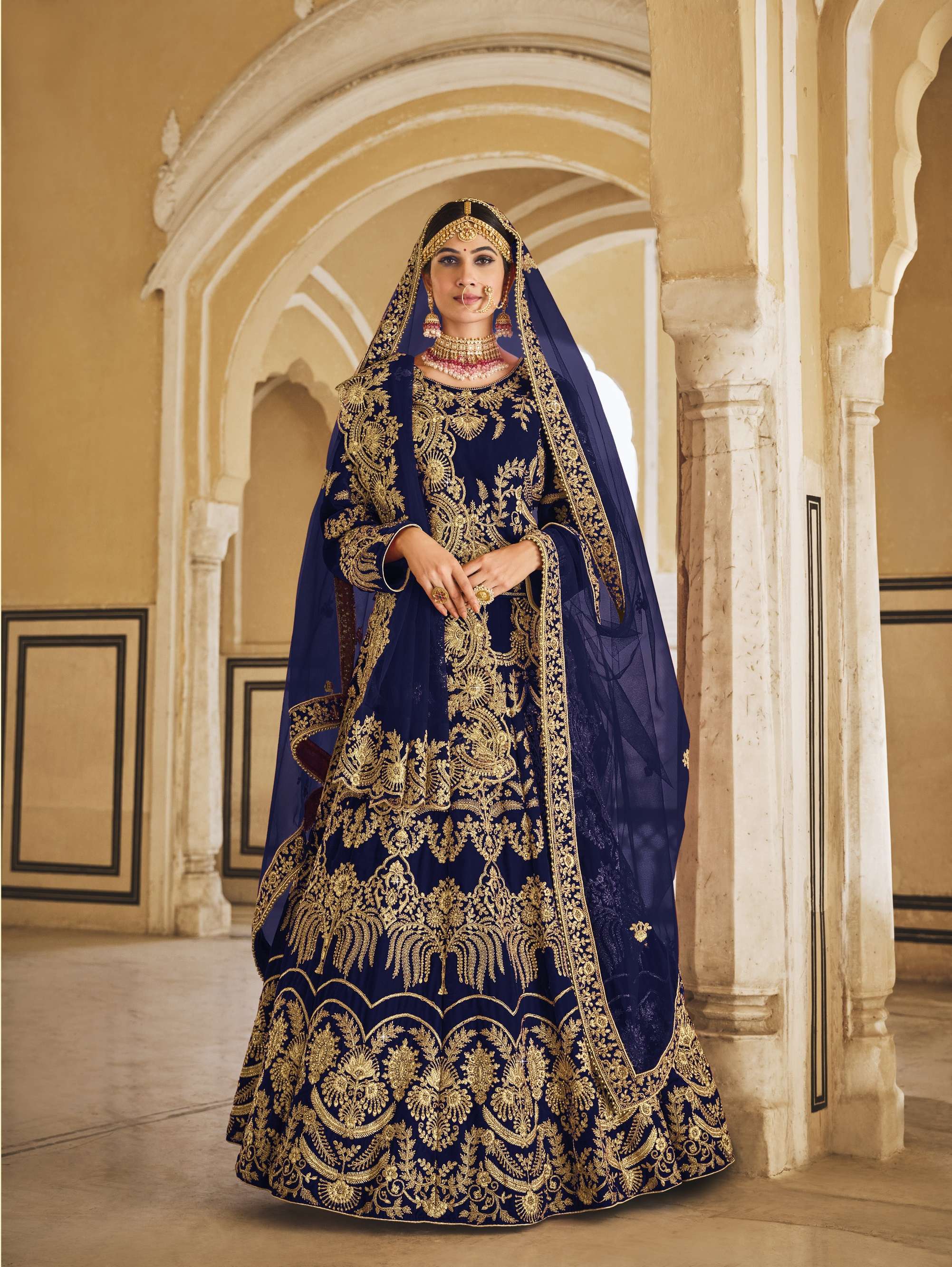 BOLLYWOOD DESIGNER BRIDAL WEDDING WEAR EXCLUSIVE BLUE LEHENGA IN VELVET FABRIC SENHORA VEDANSHI 3010B