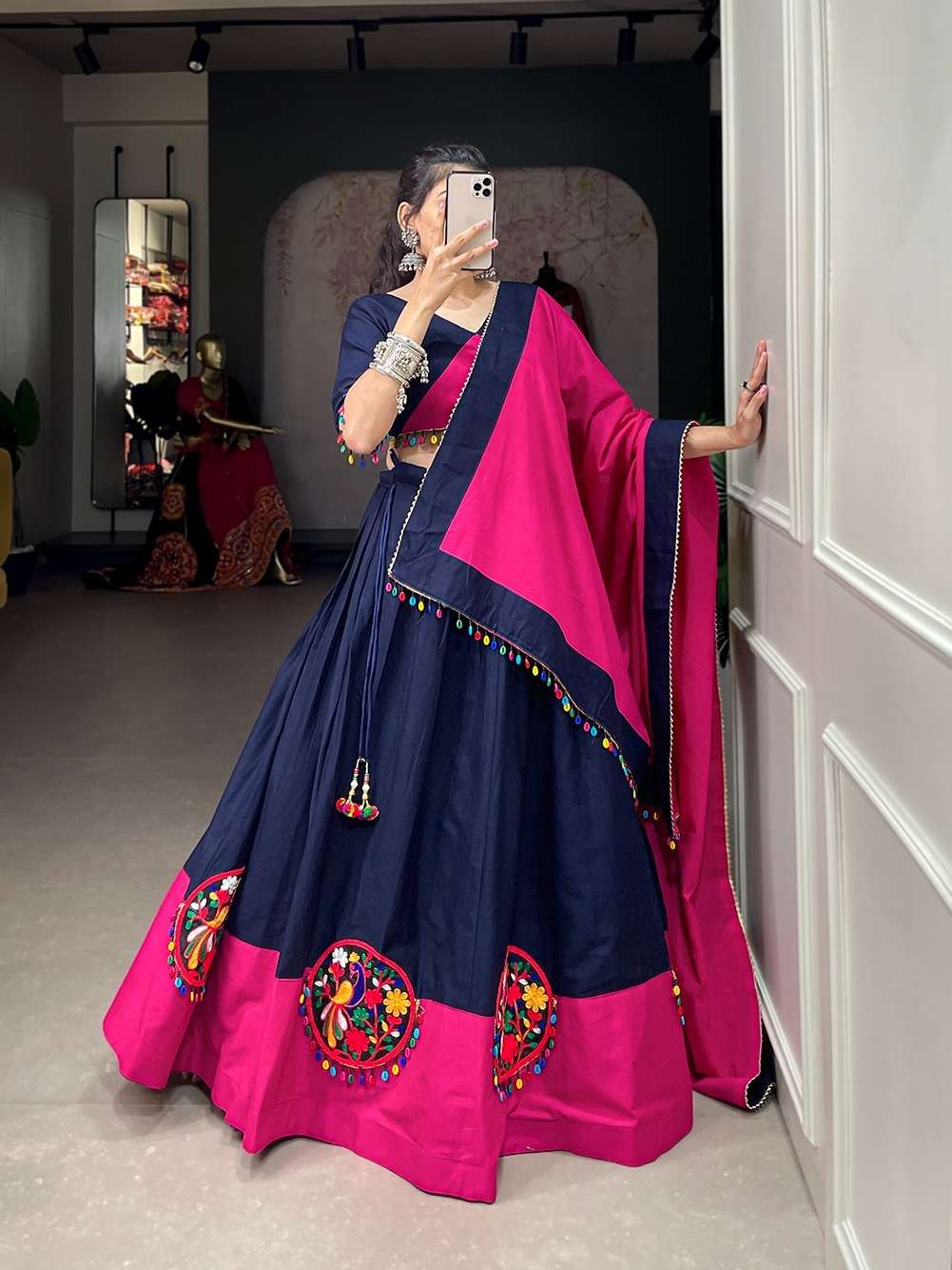 DESIGNER FANCY HEAVY PURE COTTON READY TO WEAR BLUE NAVRATRI LEHENGA CUM GAMTHI LEHENGA MIRROR WORK CHOLI PC 1665