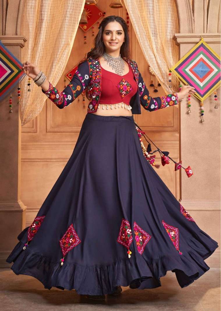 DESIGNER FANCY HEAVY VISCOSE RAYON BLUE NAVRATRI LEHENGA CUM GAMTHI LEHENGA CHOLI KF RAAS 2355